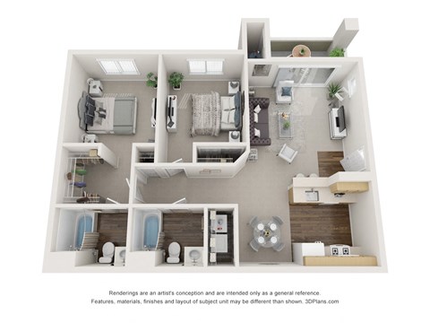 Floor plan for 2 beds, 2 baths, 933 sqft